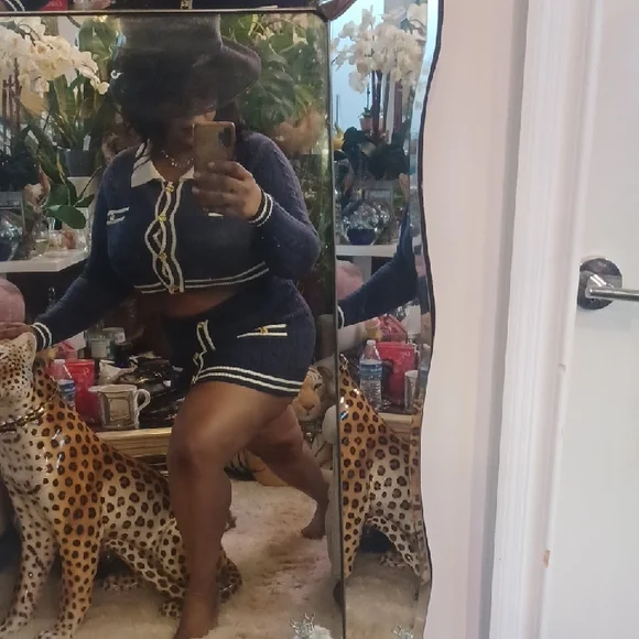 MICAS Navy Blue Soft Stretch Cable Knit Cardigan & Mini Skirt Set XL - Picture 2 of 6